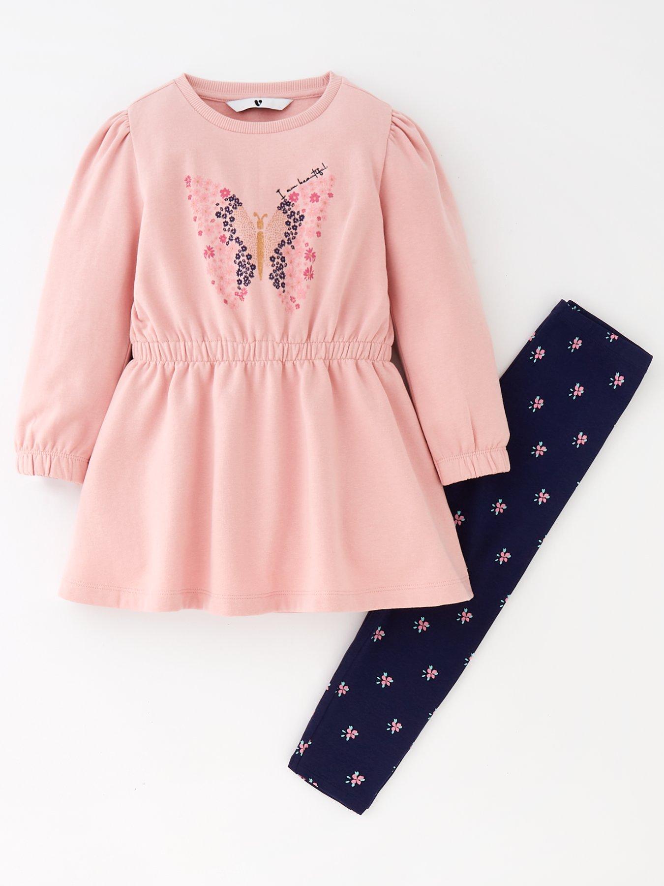 Girls Butterfly Pink Sweat Dress And Legging