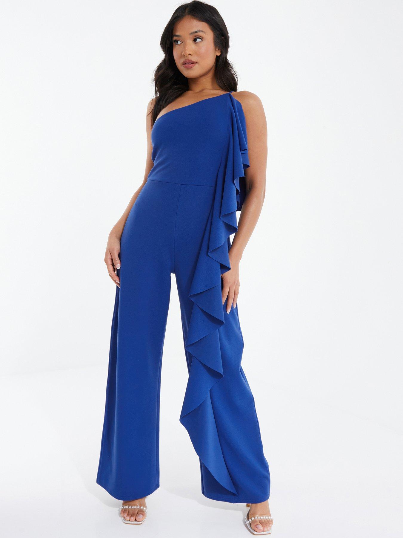 Quiz Petite One Shoulder Frill Palazzo Jumpsuit - Bright Blue | very.co.uk