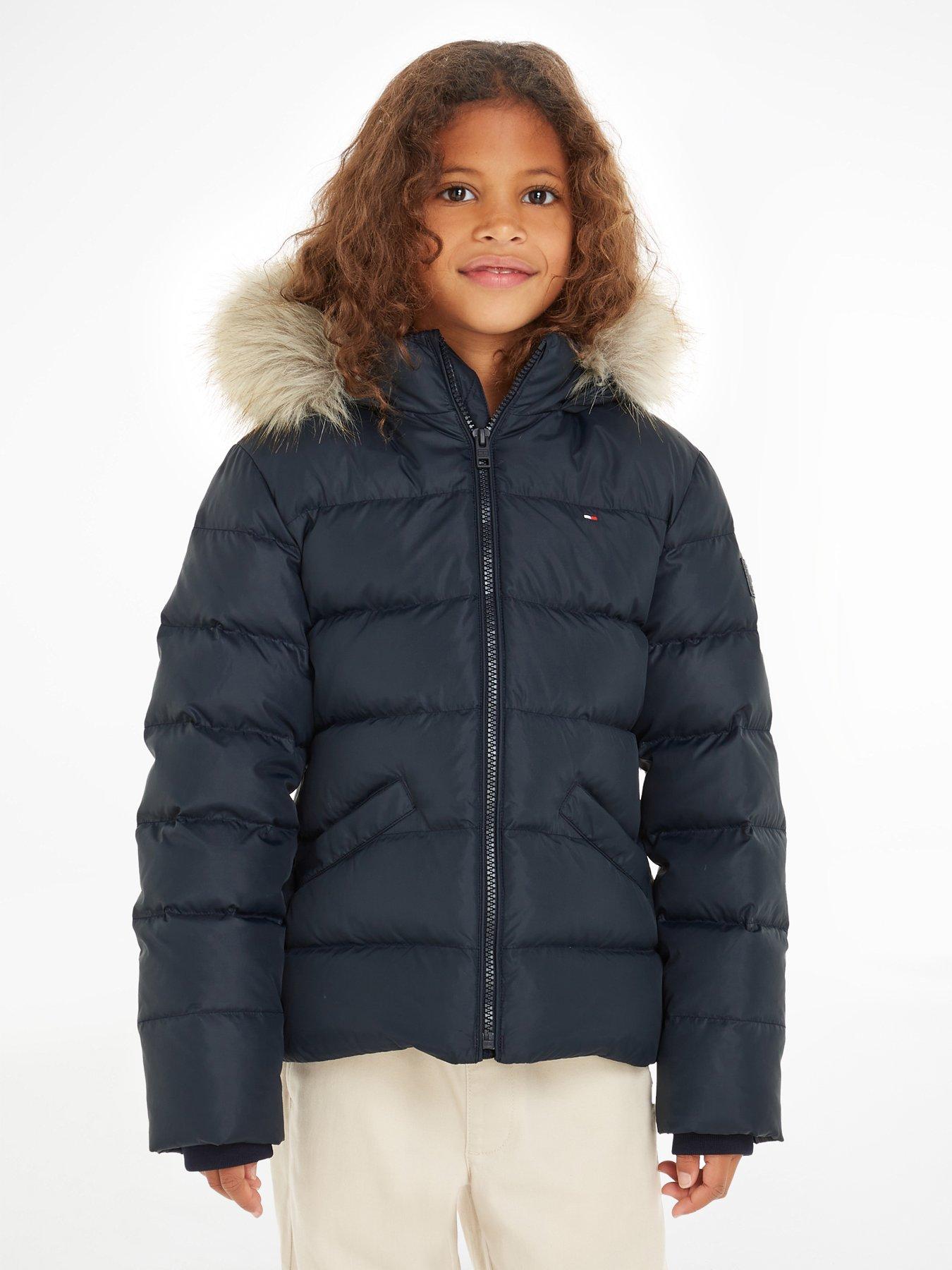 Girls Essential Down Faux Fur Hood Jacket - Navy