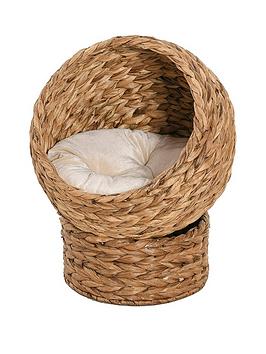 Product photograph of Pawhut Cats Woven Banana Leaf Elevated Basket Bed With Cushion - Brown from very.co.uk