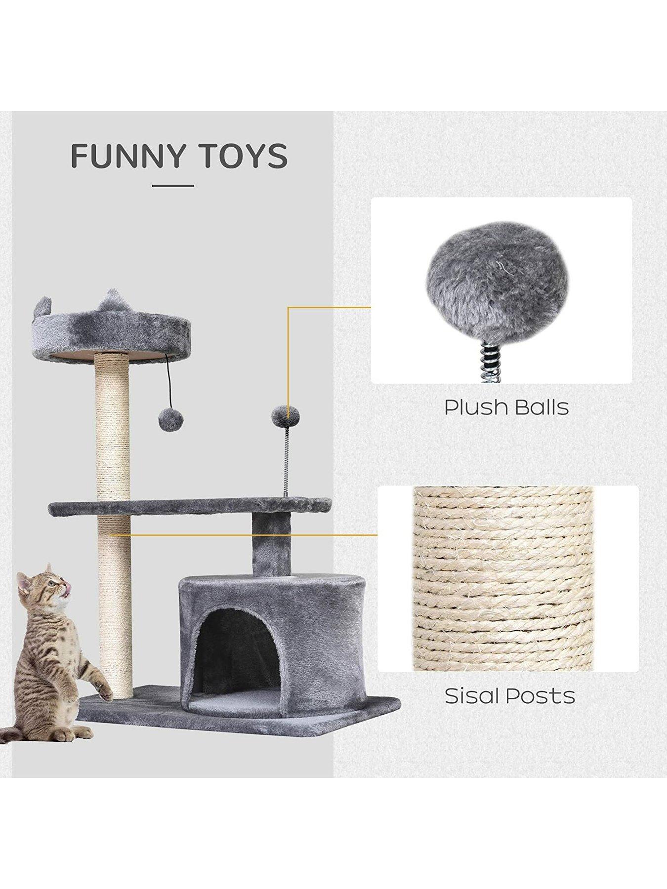 Image 5 of 7 of PawHut Cats 3-Tier Sisal Rope Scratching Post with Toys -&nbsp;Grey