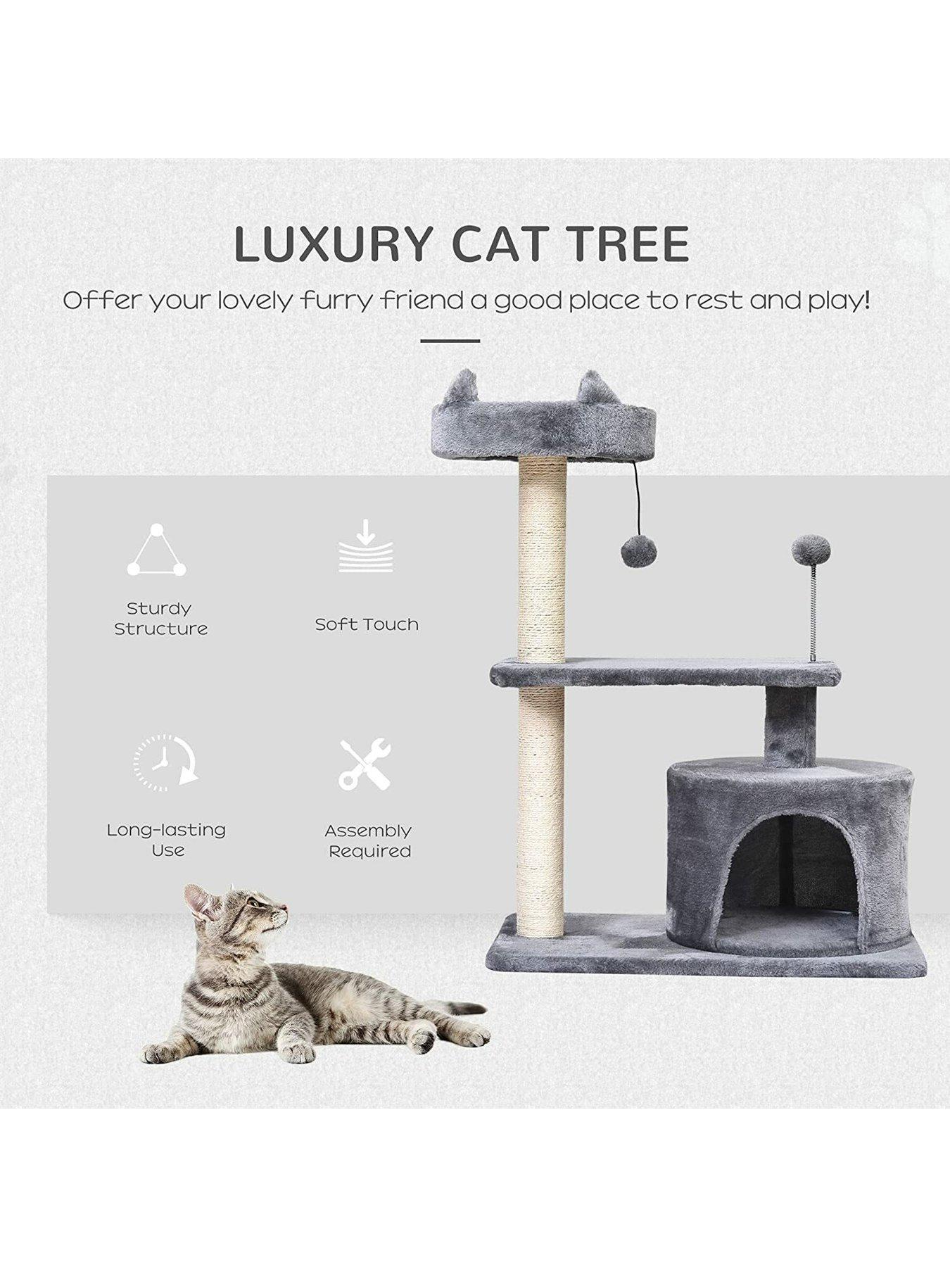 Image 6 of 7 of PawHut Cats 3-Tier Sisal Rope Scratching Post with Toys -&nbsp;Grey