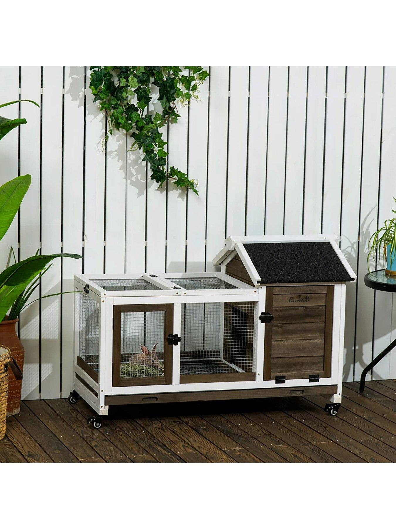 PawHut Wooden Hutch with Wheels - for Rabbits, Guinea Pigs and Small  Animals