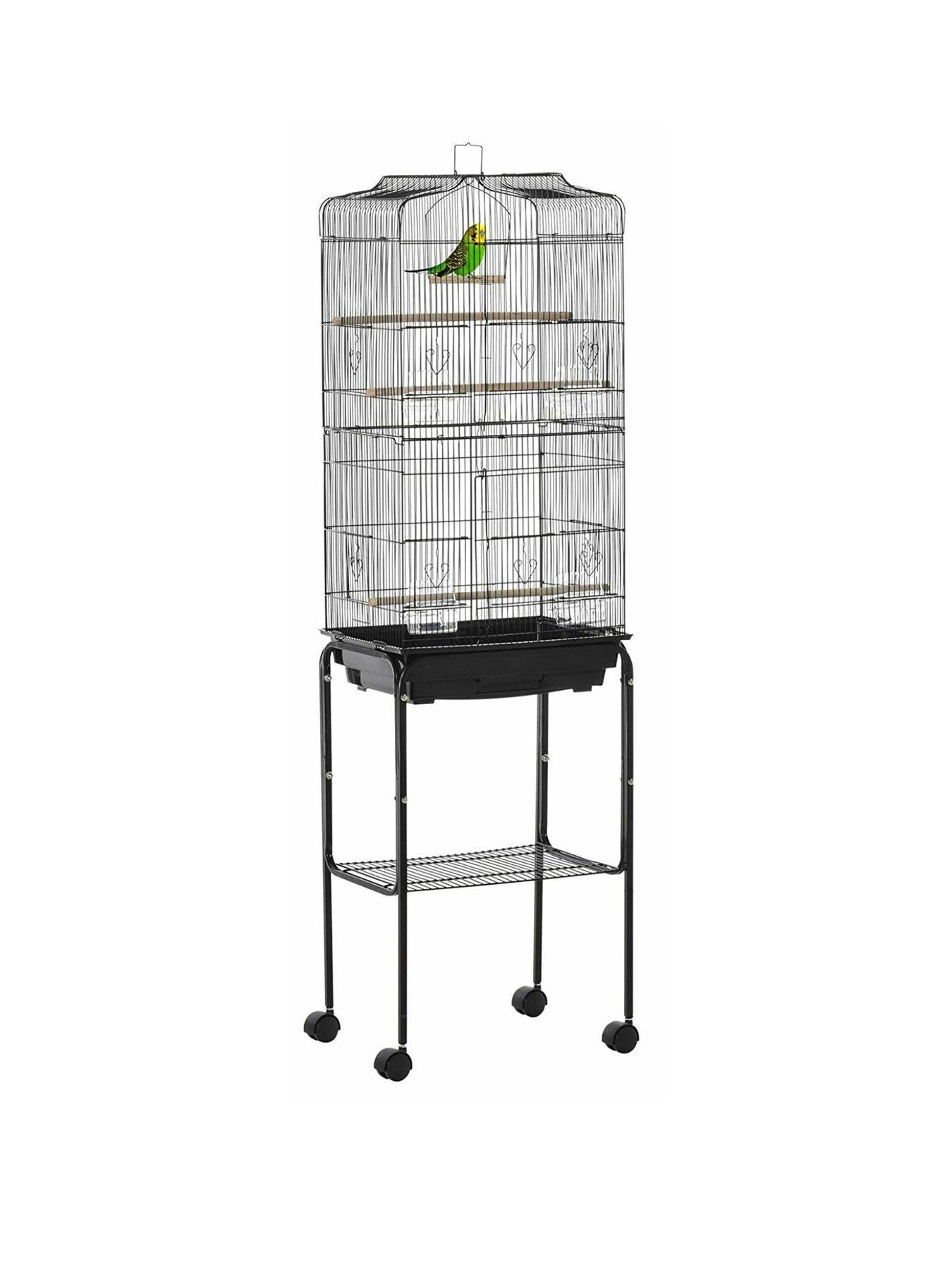 undefined Bird Cage with Stand, Wheels, Slide-out Tray, Accessories and Storage Shelf - Black