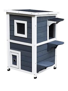 Product photograph of Pawhut Outdoor Solid Wood 2-floor Cat Condo Pet House from very.co.uk