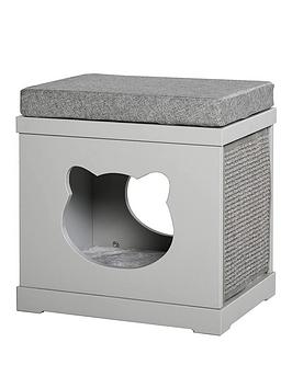 Product photograph of Pawhut Indoor Cat House Bed Kitten Cave Cube With Soft Cushion Sisal Scratching Pad - Grey from very.co.uk