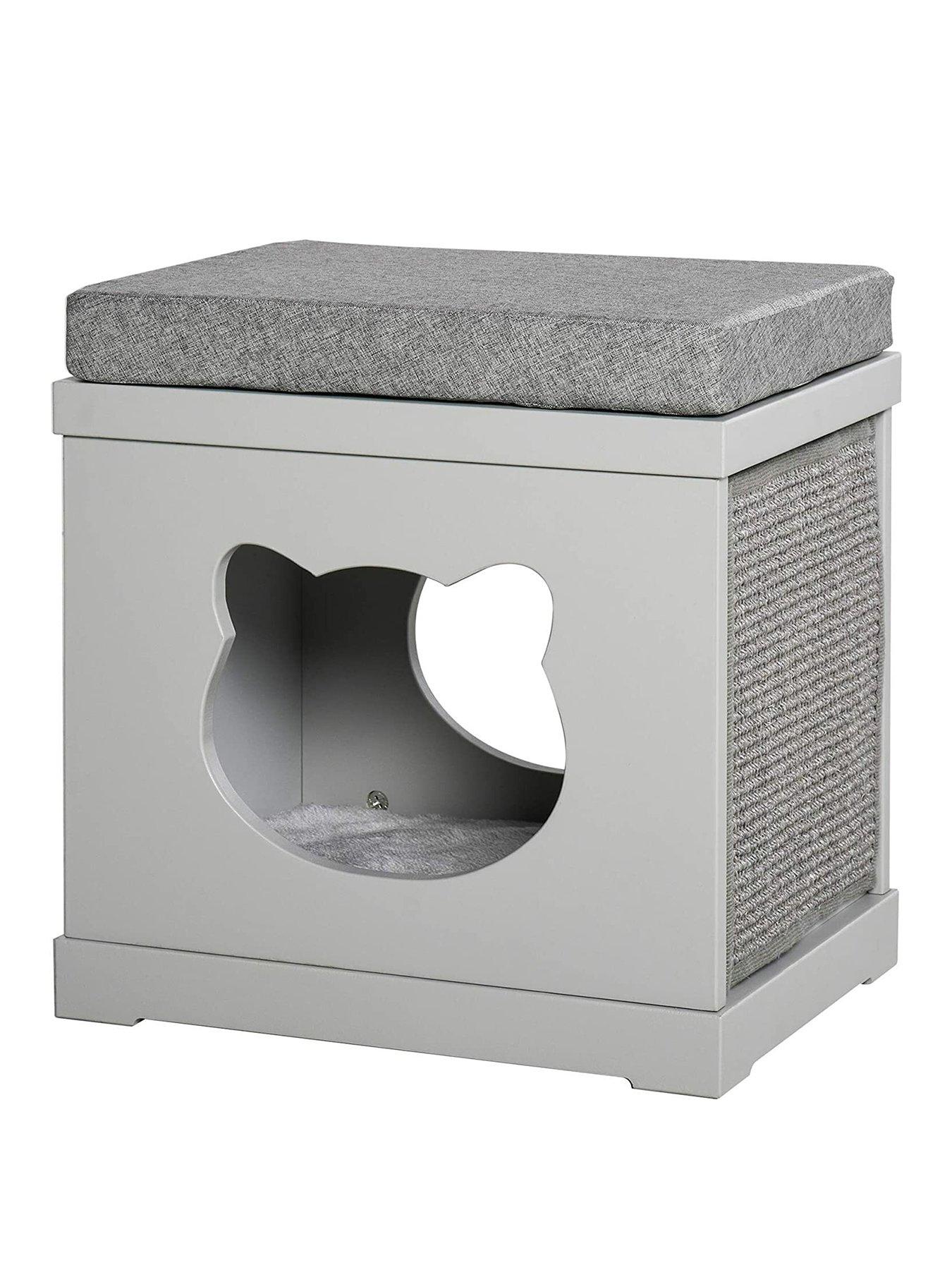 PawHut Indoor Cat House Bed Kitten Cave Cube with Soft Cushion Sisal Scratching Pad Grey Very