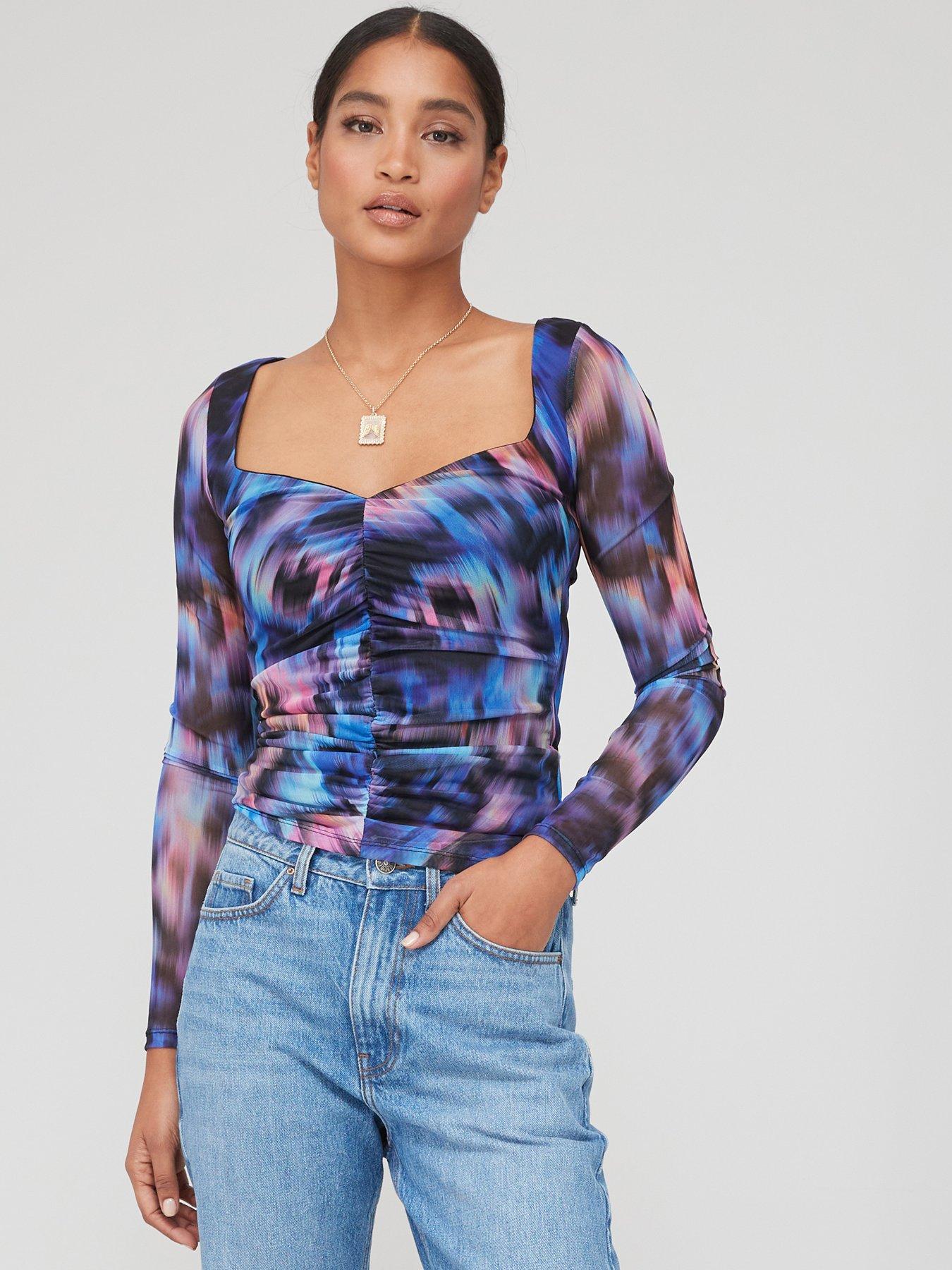 Multi Abstract Print Ruched Mesh Crop Top