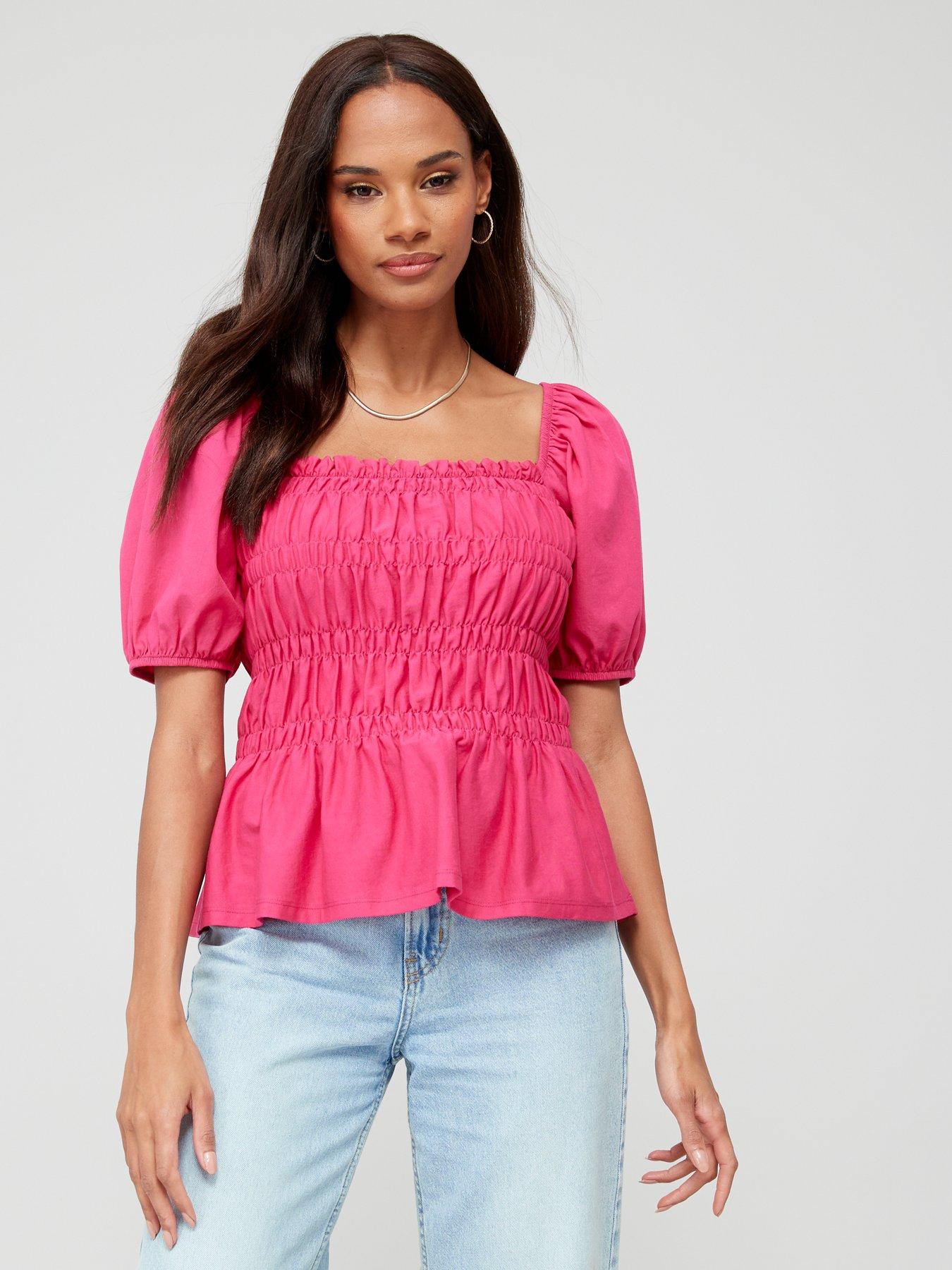 V by Very Shirred Detail Puff Sleeve Top Pink