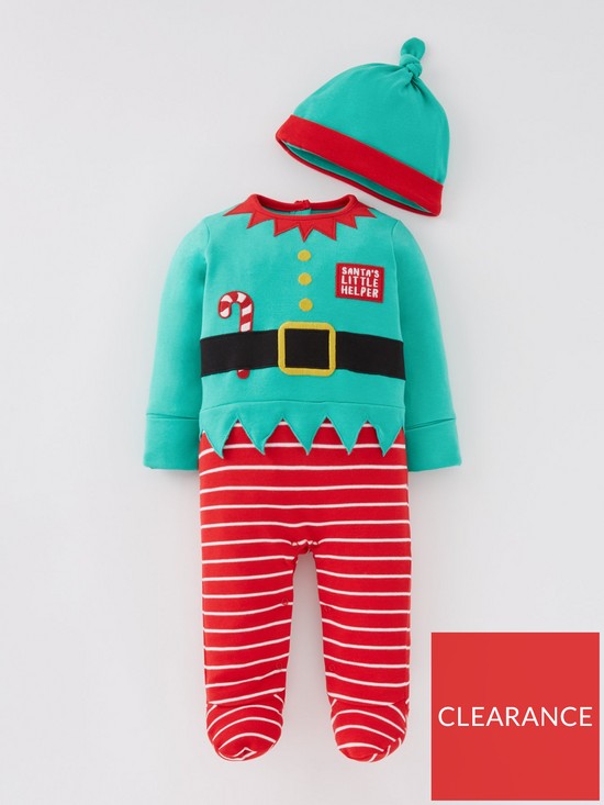 front image of mini-v-by-very-unisex-elf-sleepsuit-and-hat-set-green