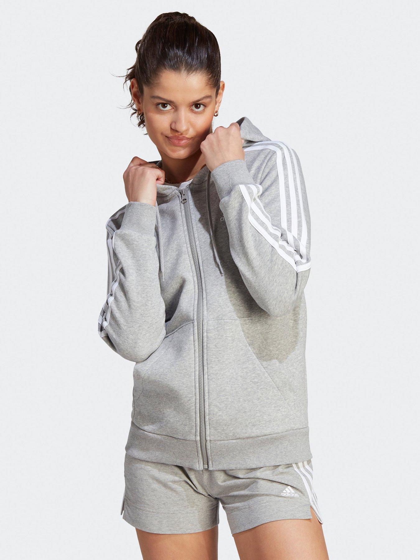 undefined Essentials 3-Stripes Full-Zip Fleece Hoodie -Grey/White