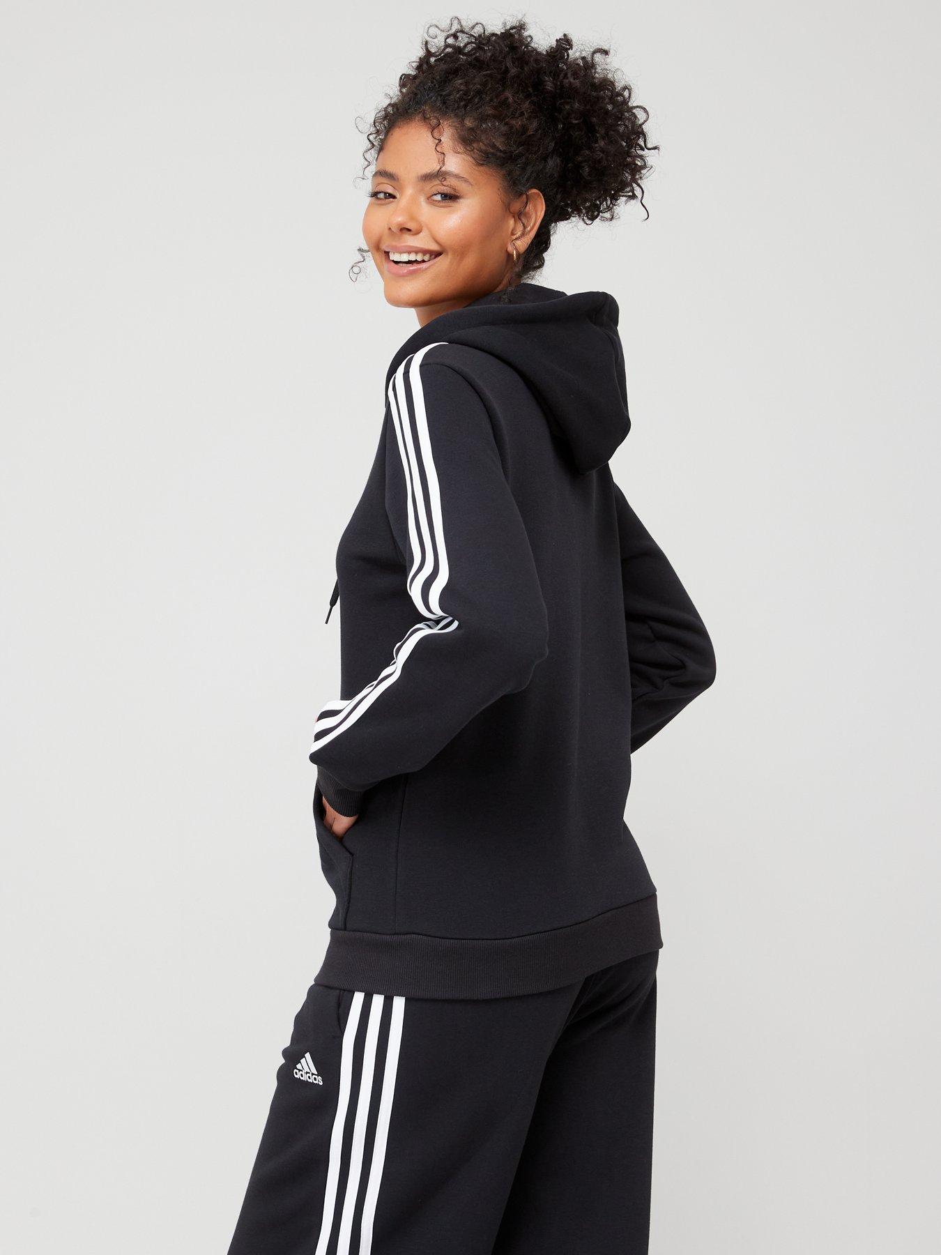 Adidas hoodie black best sale white stripes