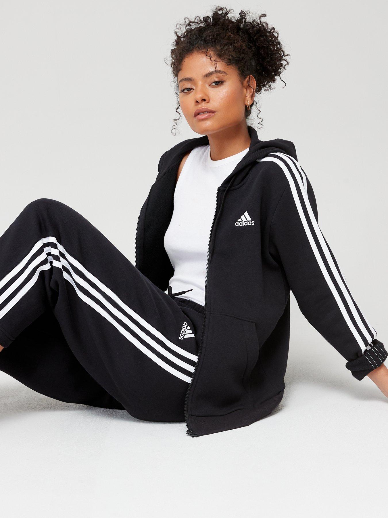 Black adidas hoodie with white stripes best sale