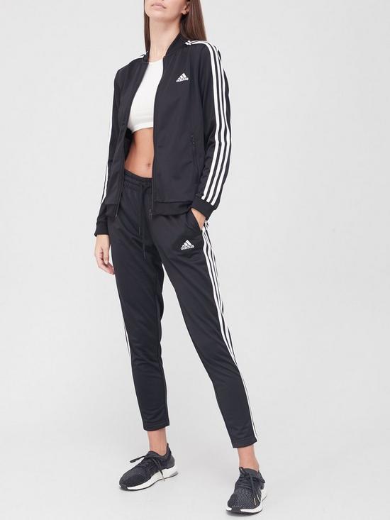 front image of adidas-sportswear-womens-3-stripe-tracksuit-blackwhite