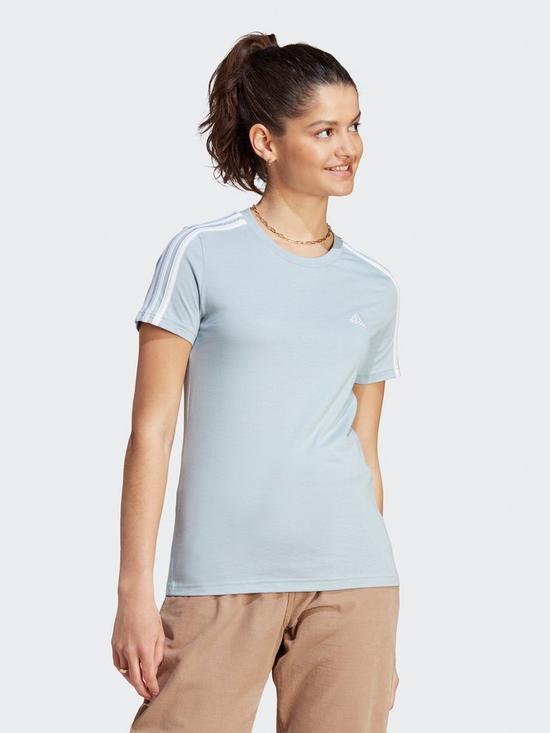 front image of adidas-sportswear-womens-sportswear-essentials-slim-3-stripes-t-shirt-blue