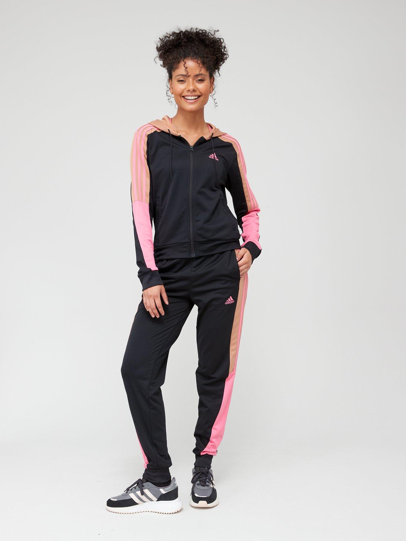 Adidas black 2024 pink tracksuit