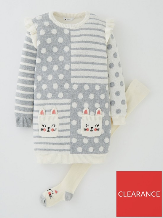 front image of mini-v-by-very-girls-knitted-mix-and-match-cat-dress-and-tights-multi