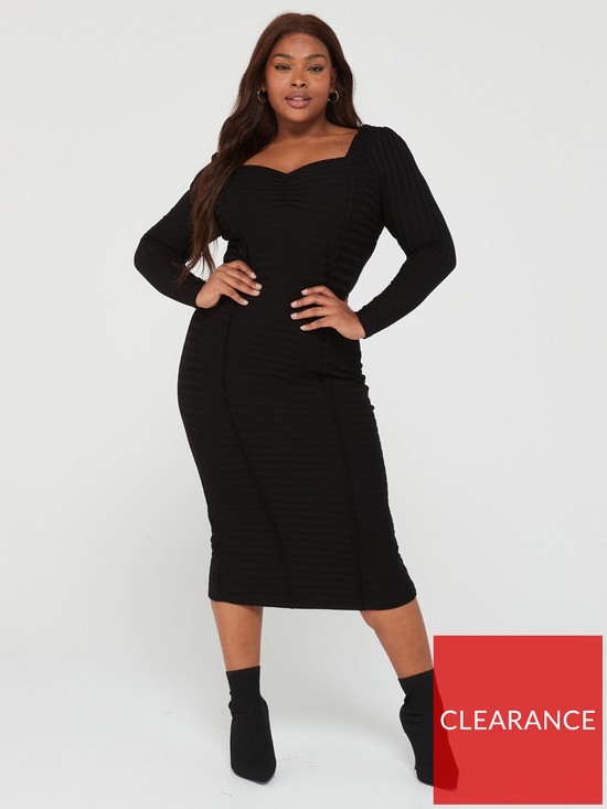 front image of v-by-very-curve-contour-shaping-rib-midi-dress-black