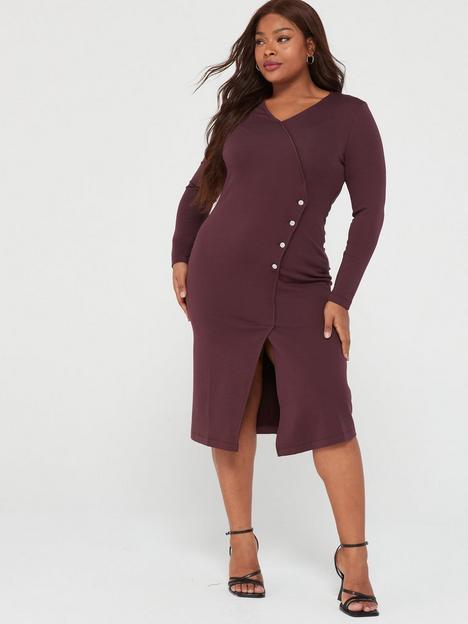 v-by-very-curve-button-side-structured-long-sleeve-midi-dress-brown