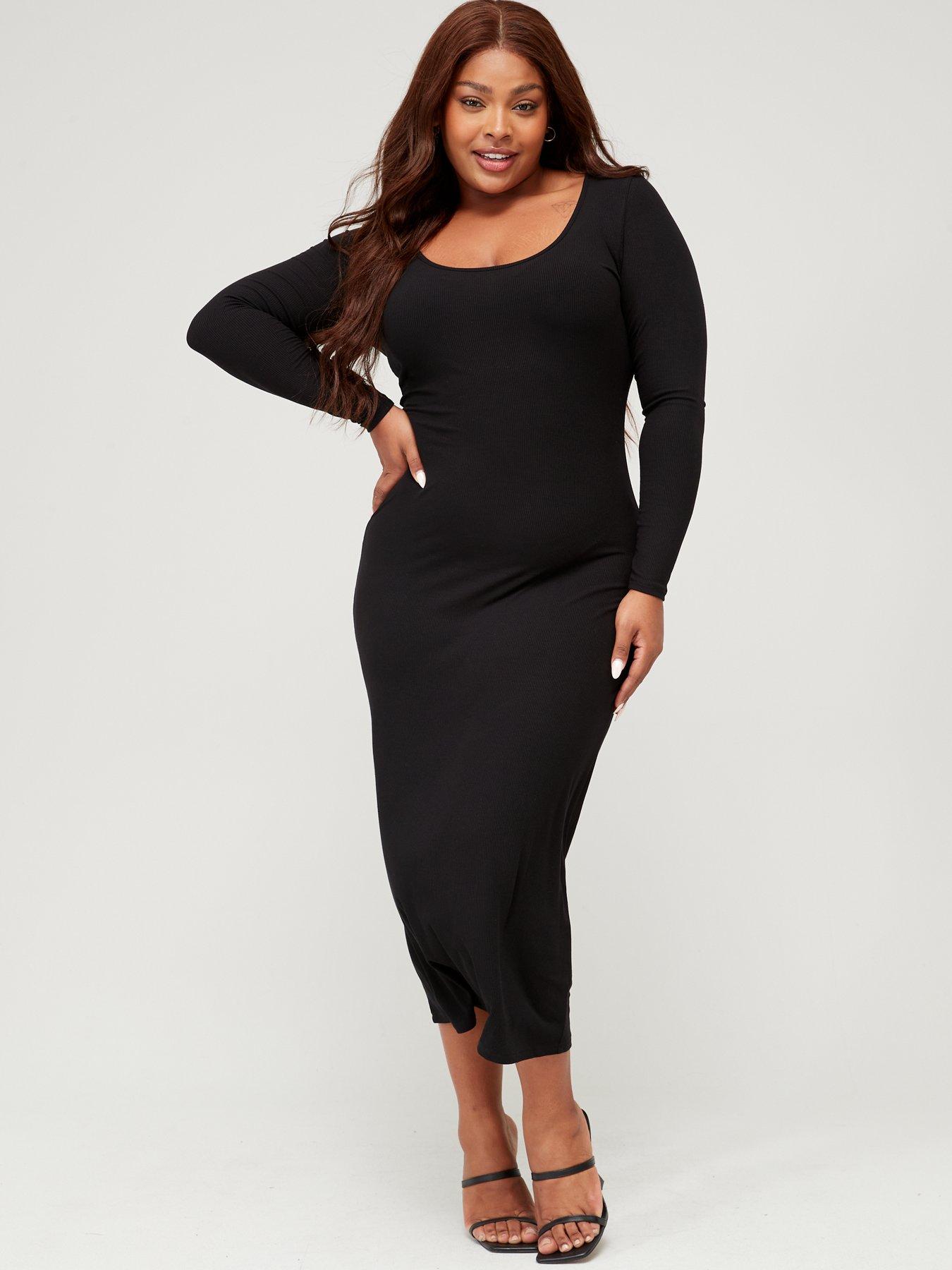 V by Very Curve Scoop Neck Long Sleeve Sculpting Midi Dress - Black