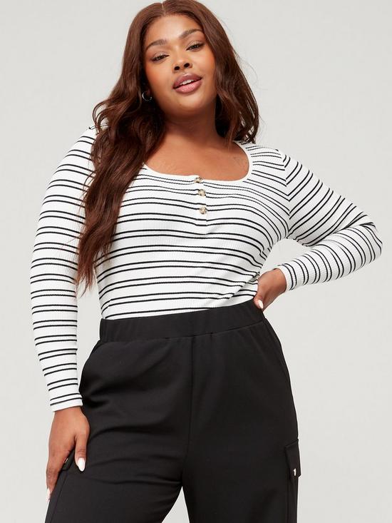 front image of v-by-very-curve-square-neck-stripe-rib-long-sleeve-top-white
