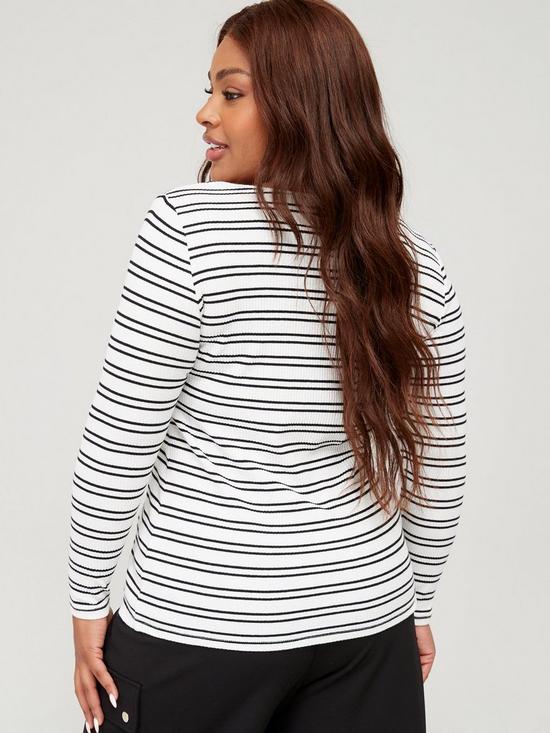 stillFront image of v-by-very-curve-square-neck-stripe-rib-long-sleeve-top-white