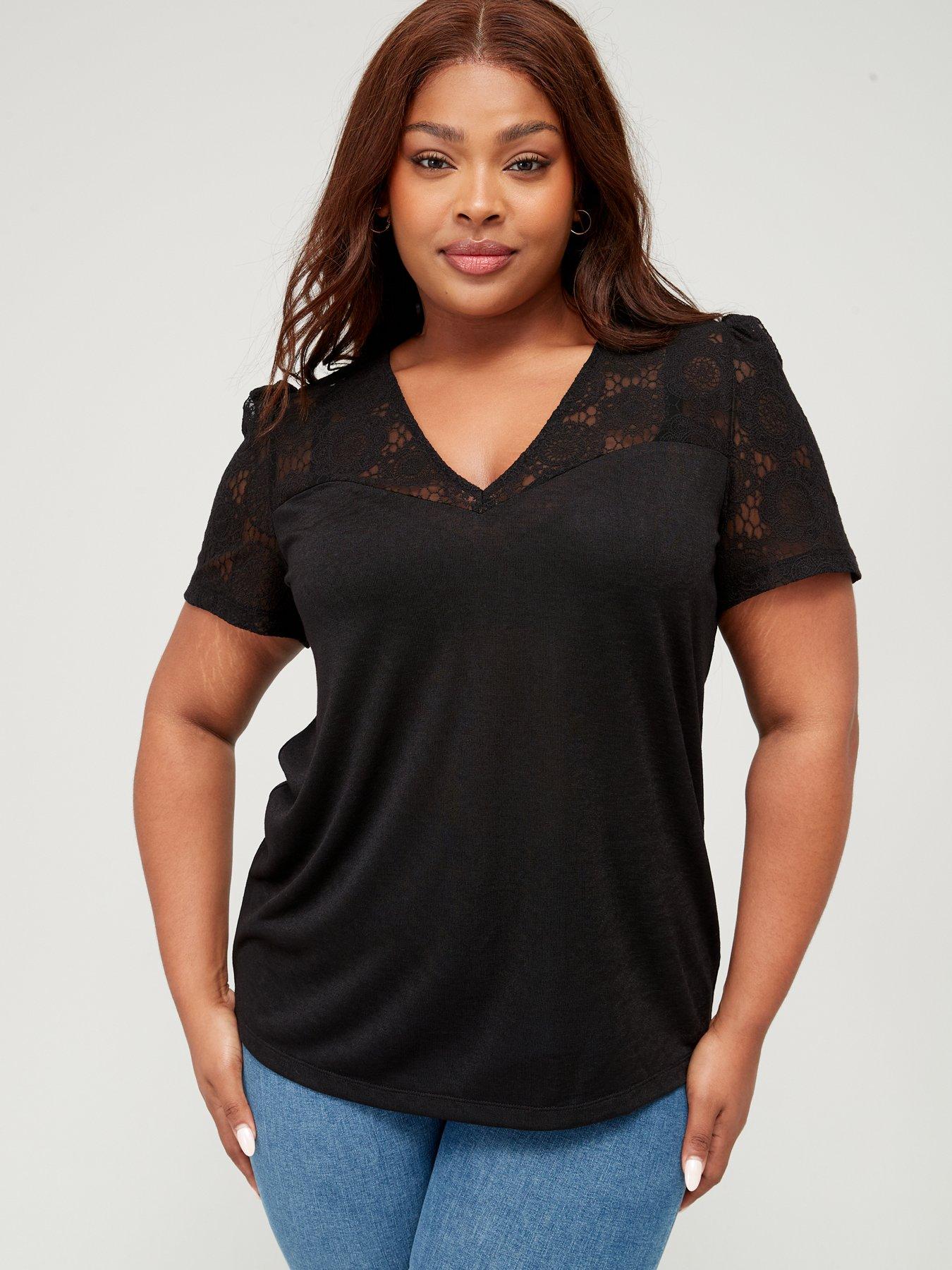 V By Very Curve Lace Panel V Neck Short Sleeve Top Uk