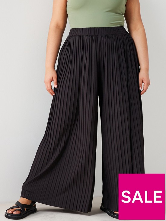 front image of v-by-very-curve-pleated-pull-on-wide-leg-trouser-black