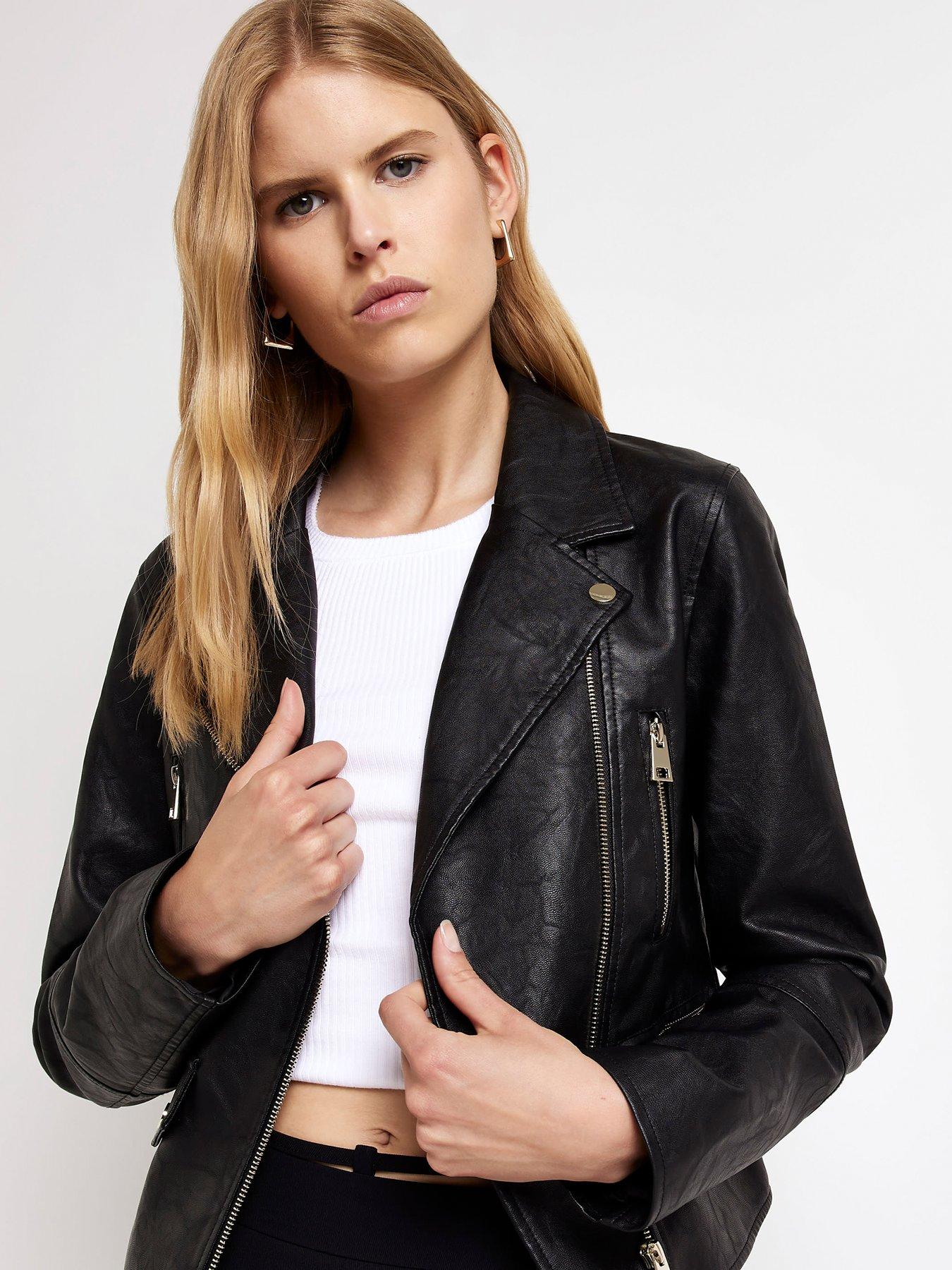 Mint Velvet Stitch Sleeve Detail Leather Biker Jacket - Black