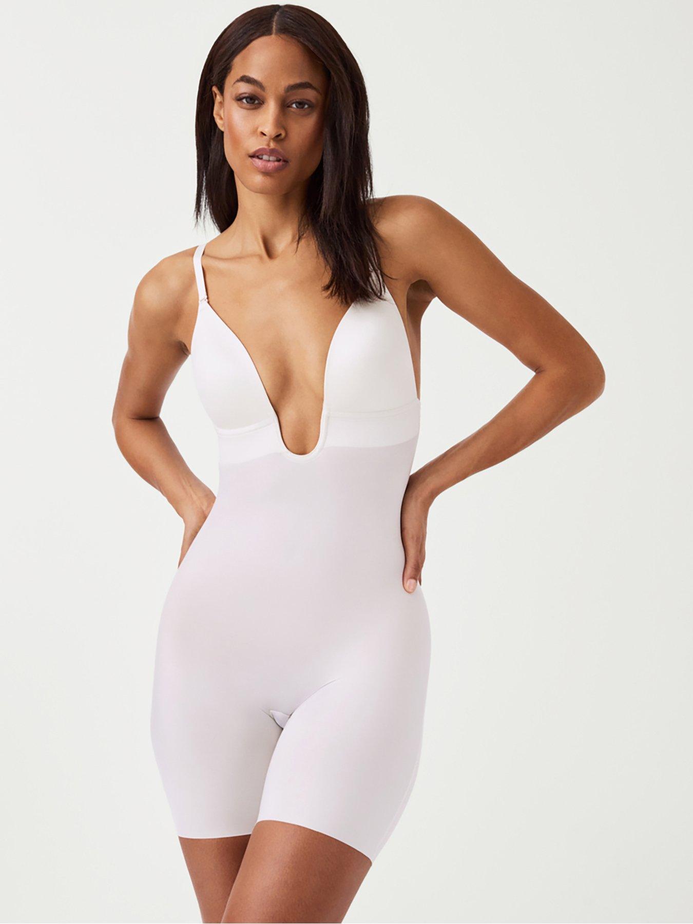 Spanx Suit Your Fancy Plunge Low Back Mid Thigh Bodysuit - Linen