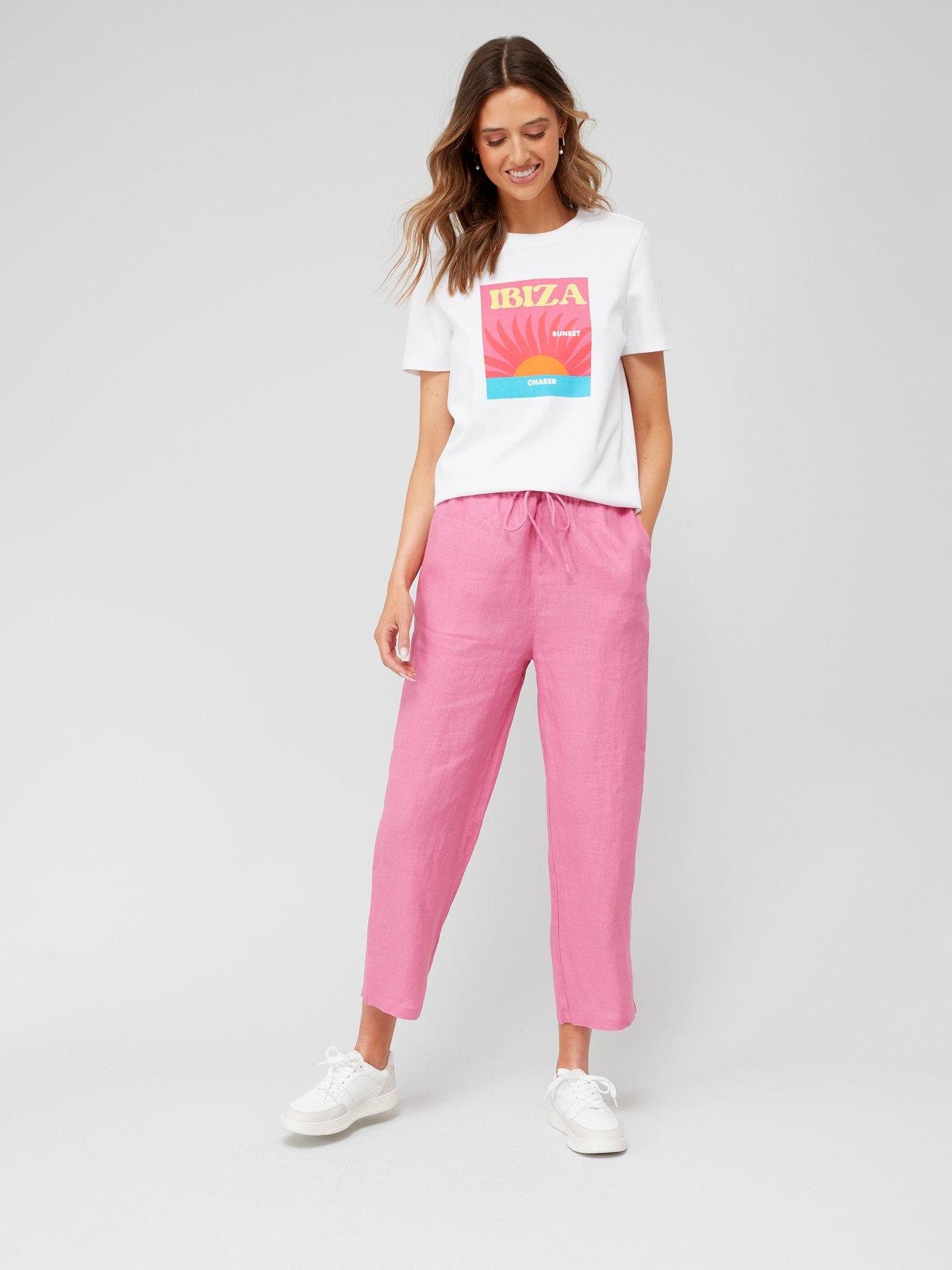 Mango Striped Linen Trousers, Pink/Multi, XS