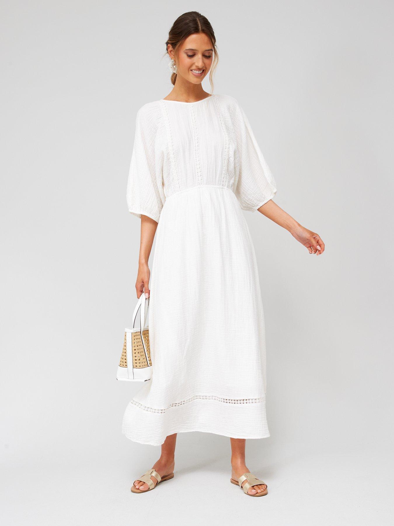 Mango White Puff Sleeve Midi Dress | very.co.uk