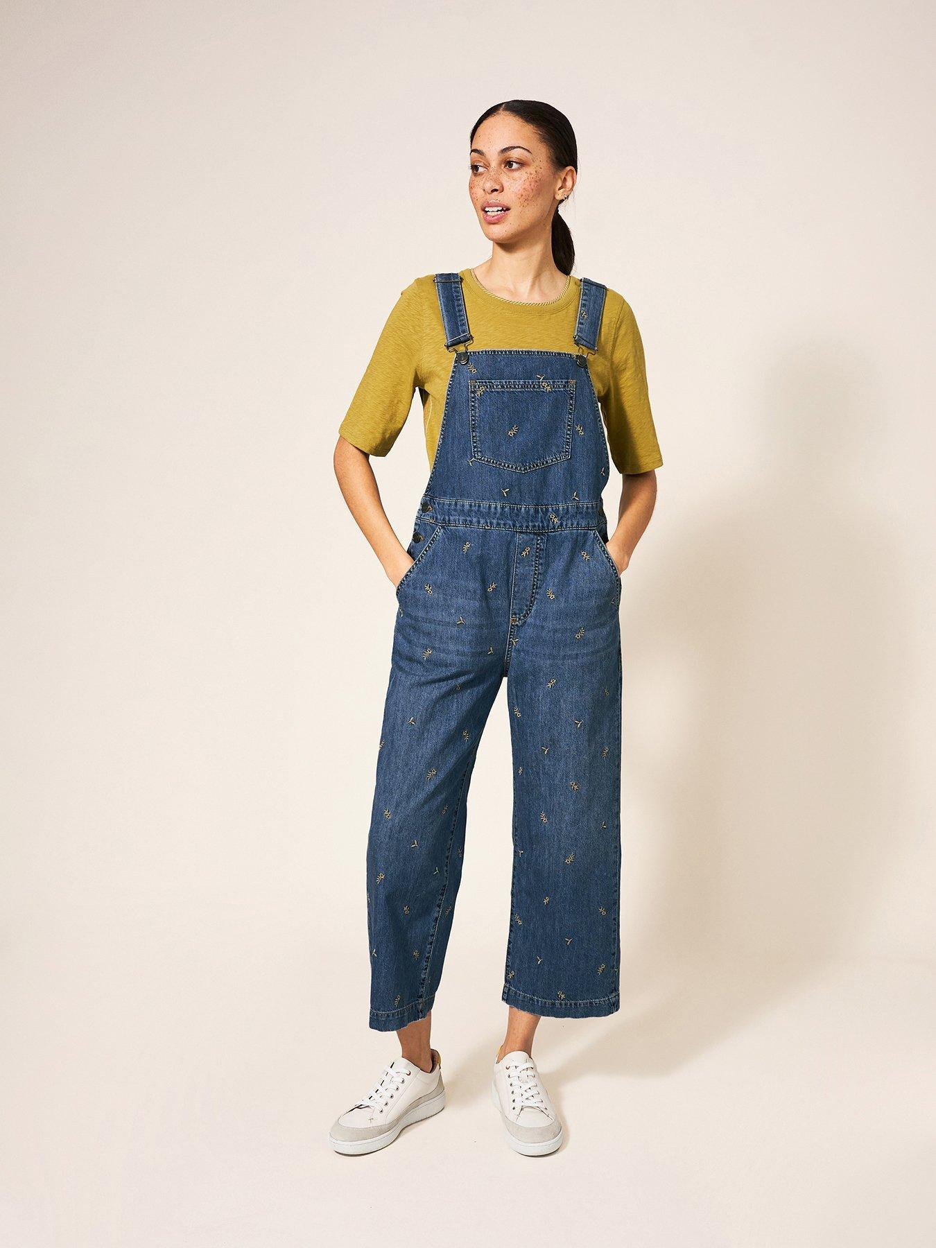 Embroidered Crop Dungaree - Blue