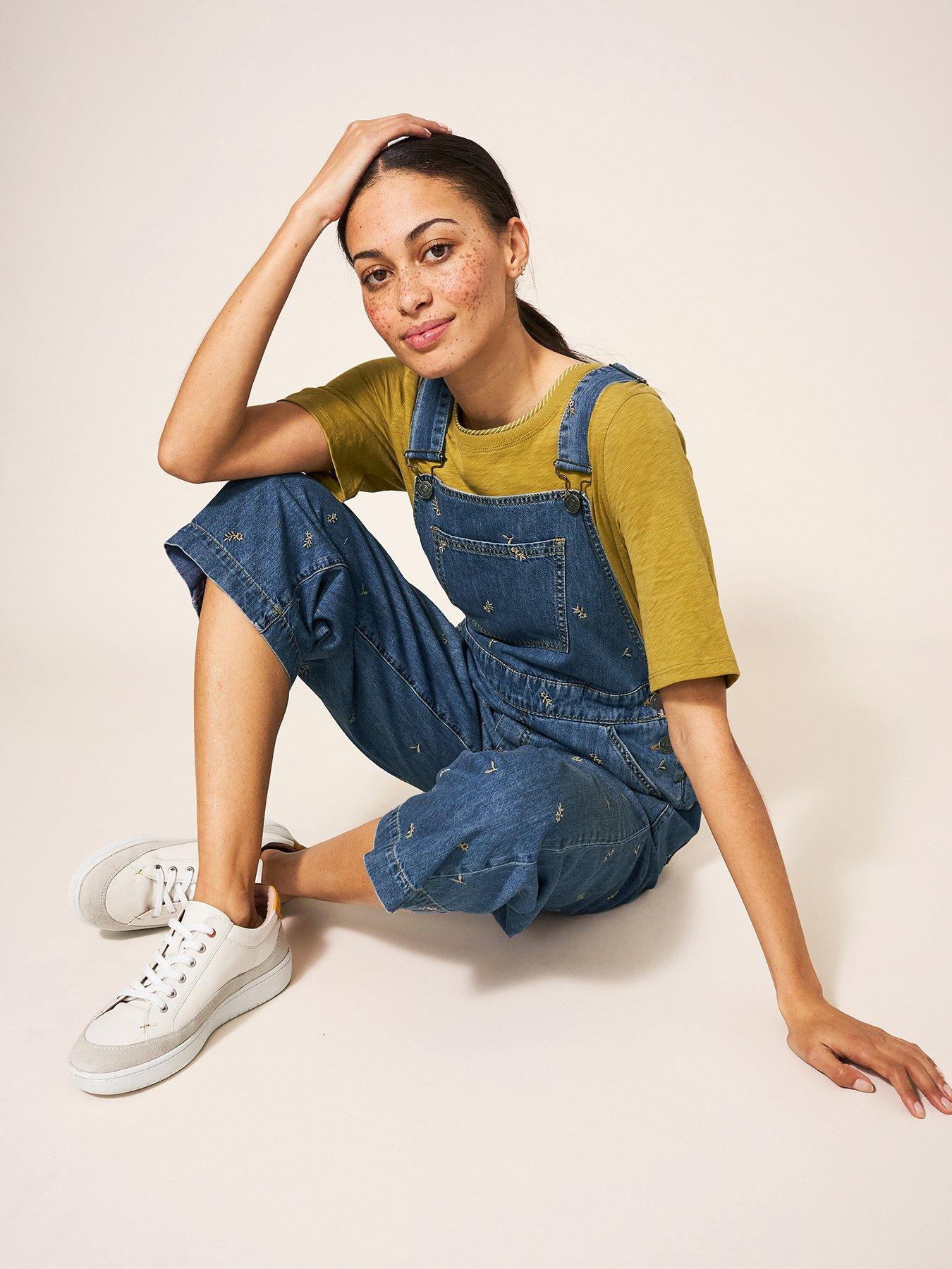 White Stuff Embroidered Crop Dungaree - Blue
