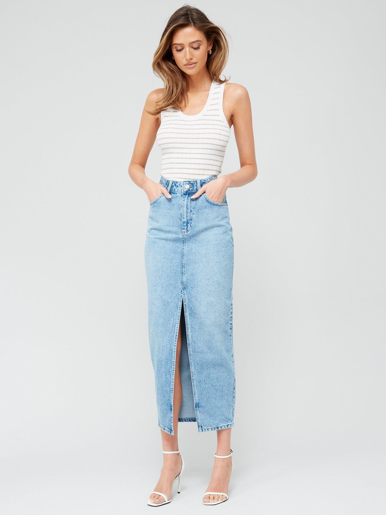 Fig & Basil High Rise Midaxi Denim Skirt Mid Wash very.co.uk