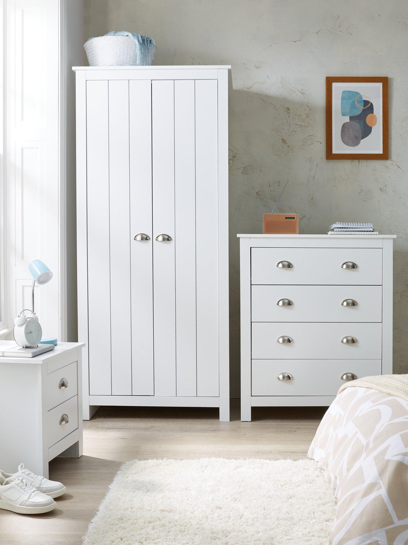 undefined Atlanta 3 Piece Package - 2 Door Wardrobe, 4 Drawer Chest and 2 Drawer Bedside Chest - White