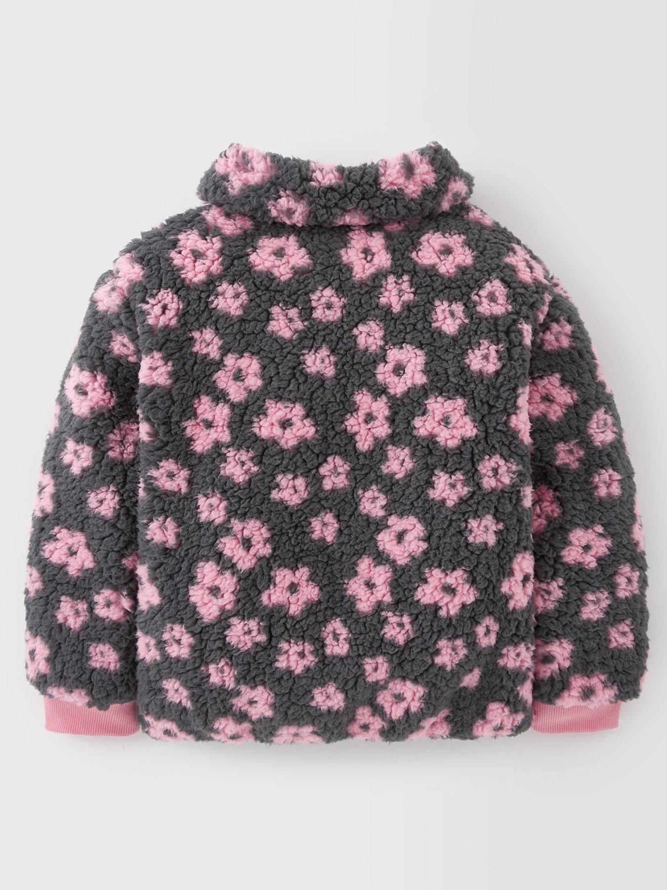 Girls Floral Borg Jacket Grey Pink