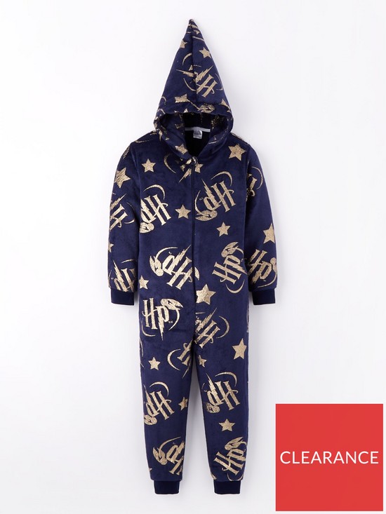front image of harry-potter-hood-detail-fleece-all-in-one-navy
