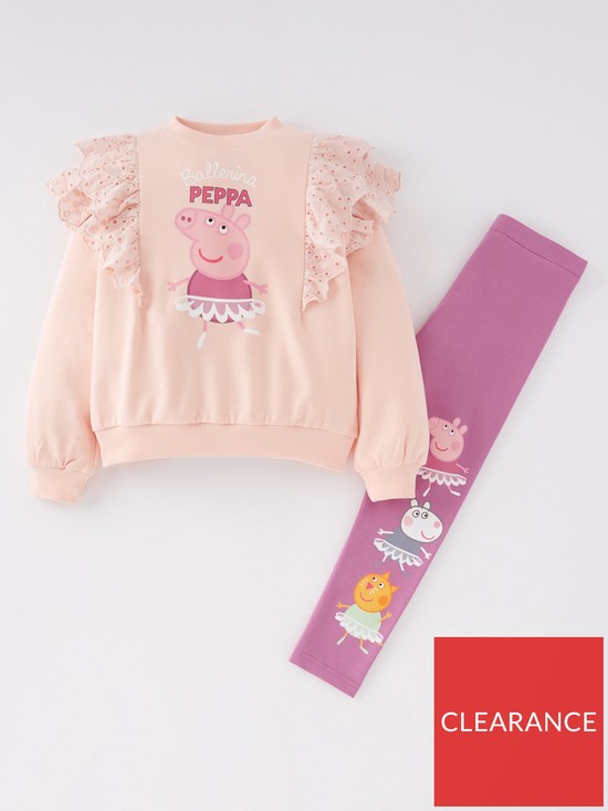 front image of peppa-pig-girls-2-piece-broiderie-frill-sweater-and-leggings-set-pink