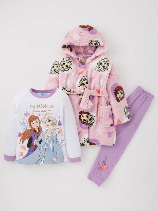 front image of disney-frozen-3-piece-pyjamas-and-dressing-gown-set-purple