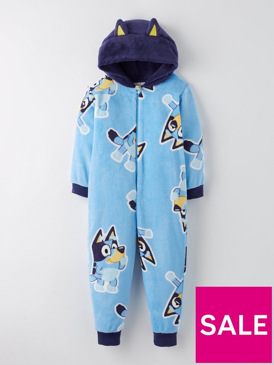 front image of bluey-hood-detail-fleece-all-in-one-blue