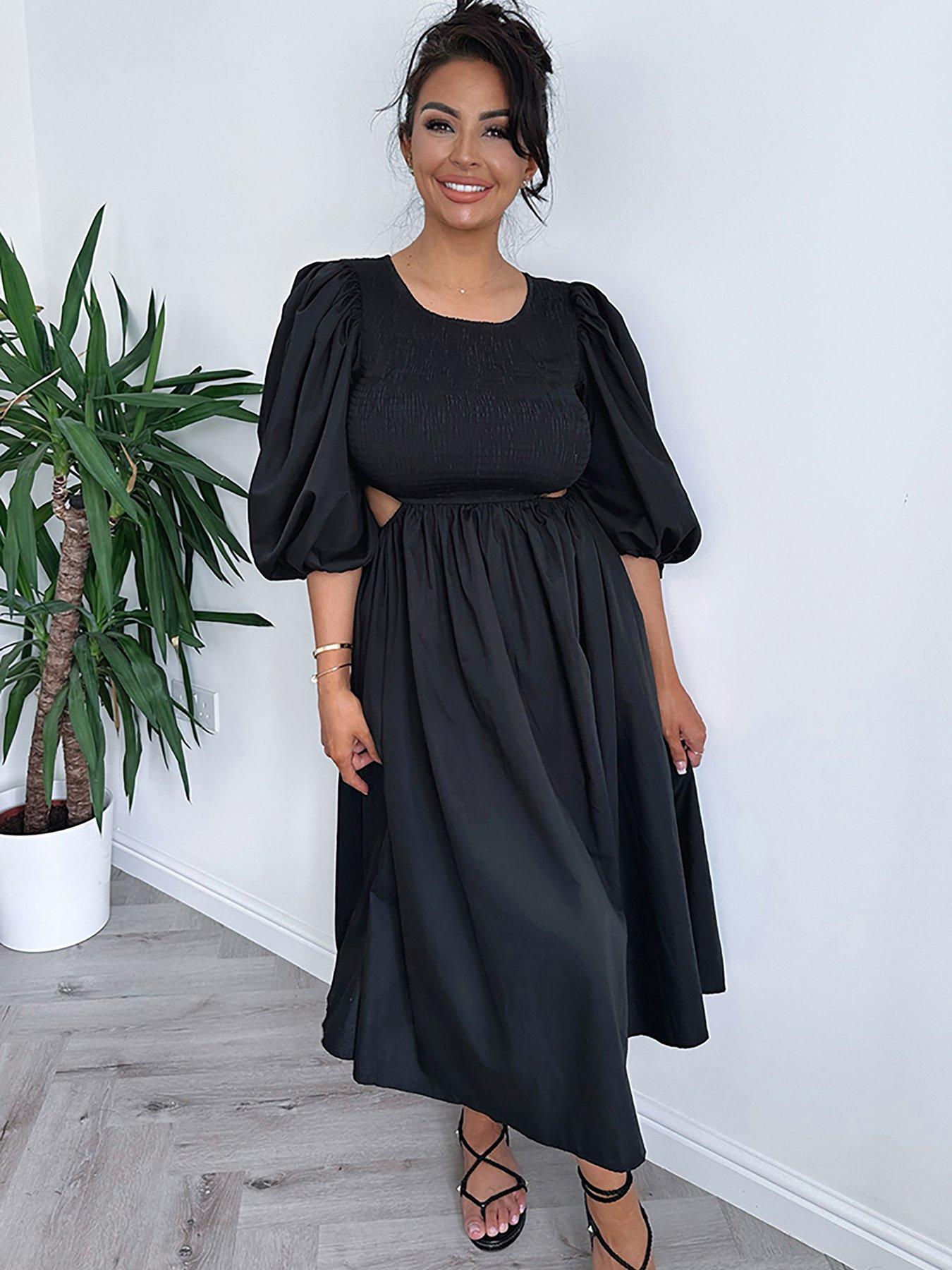 In The Style Natasha Sandhu Puff Sleeve Cut Out Waist Midi Dress - Black