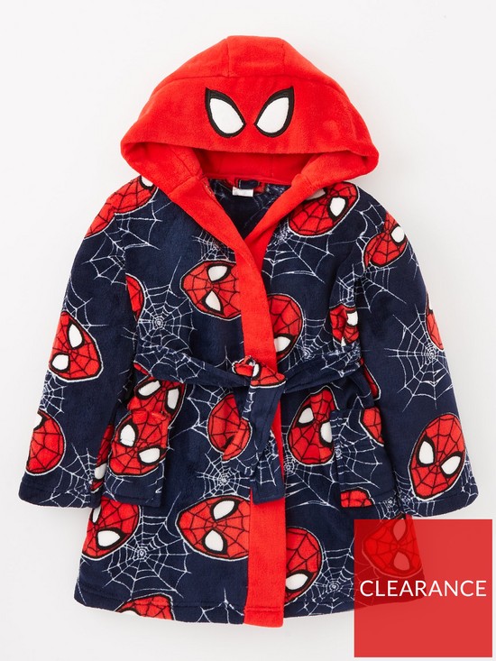 front image of spiderman-hood-detail-dressing-gown-navy
