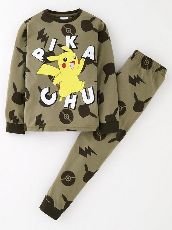 front image of pokemon-all-over-print-long-sleeve-pyjamas-khaki