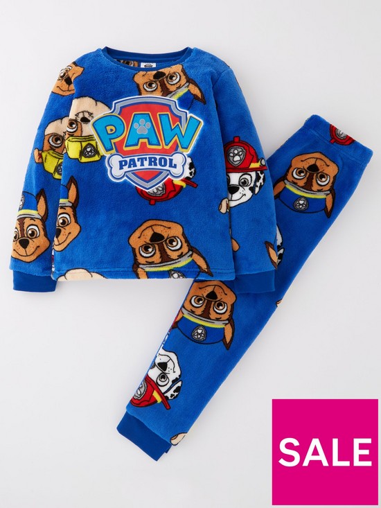 front image of paw-patrol-all-over-print-supersoft-fleece-pyjamas-blue