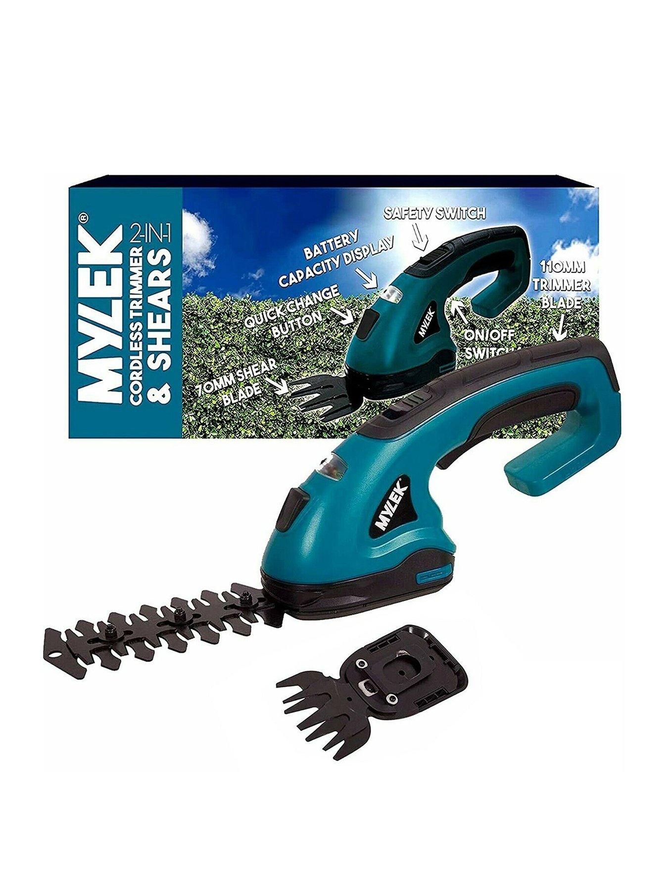 Mylek 2-in-1 Li-ion Cordless Hedge Trimmer  &  Grass Shears with 2 Blades, Quick Change Button, Safety Switch  &  Battery Capacity Display