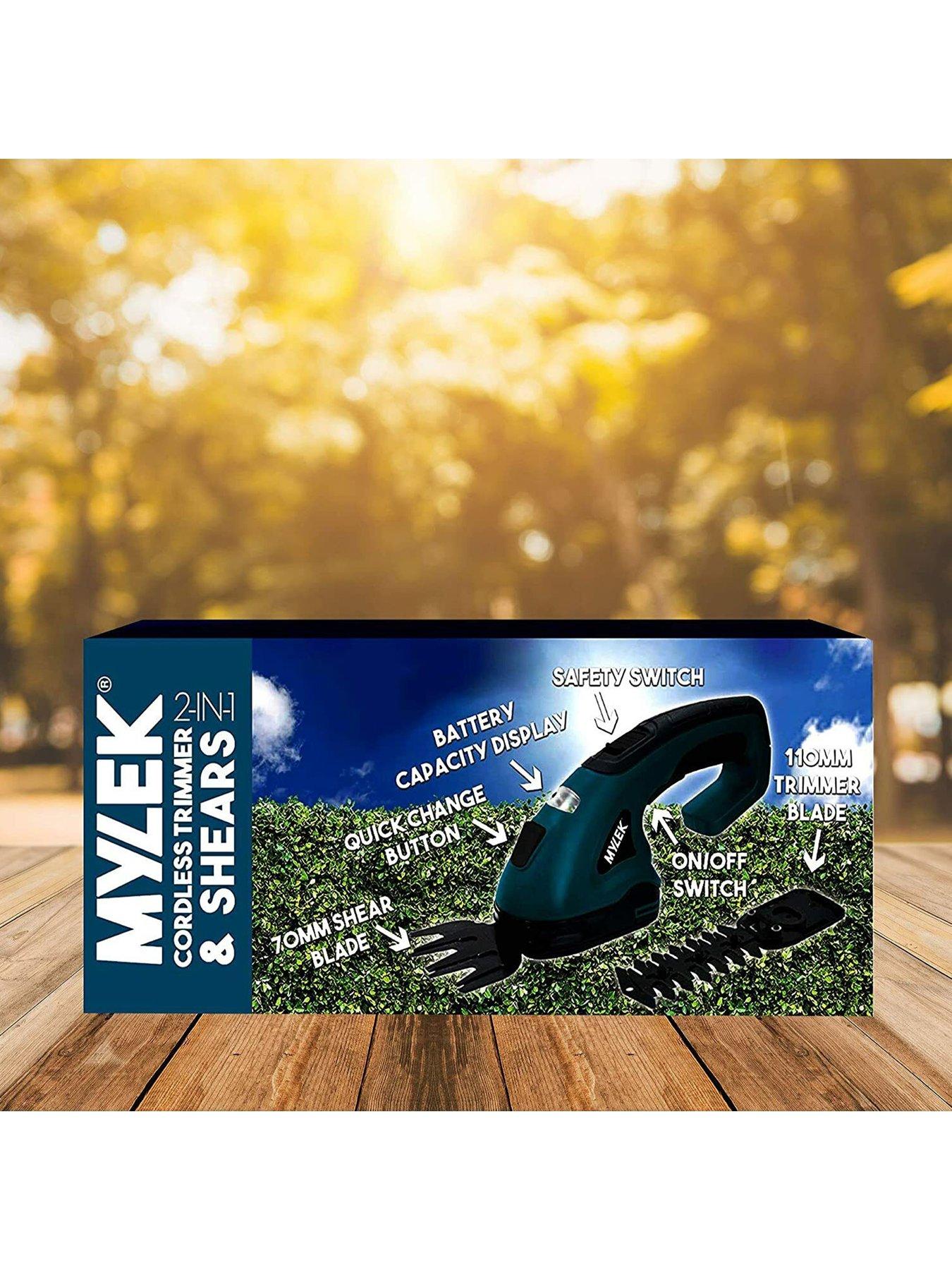 Image 7 of 7 of Mylek 2-in-1 Li-ion Cordless Hedge Trimmer &amp; Grass Shears with 2 Blades, Quick Change Button, Safety Switch &amp; Battery Capacity Display