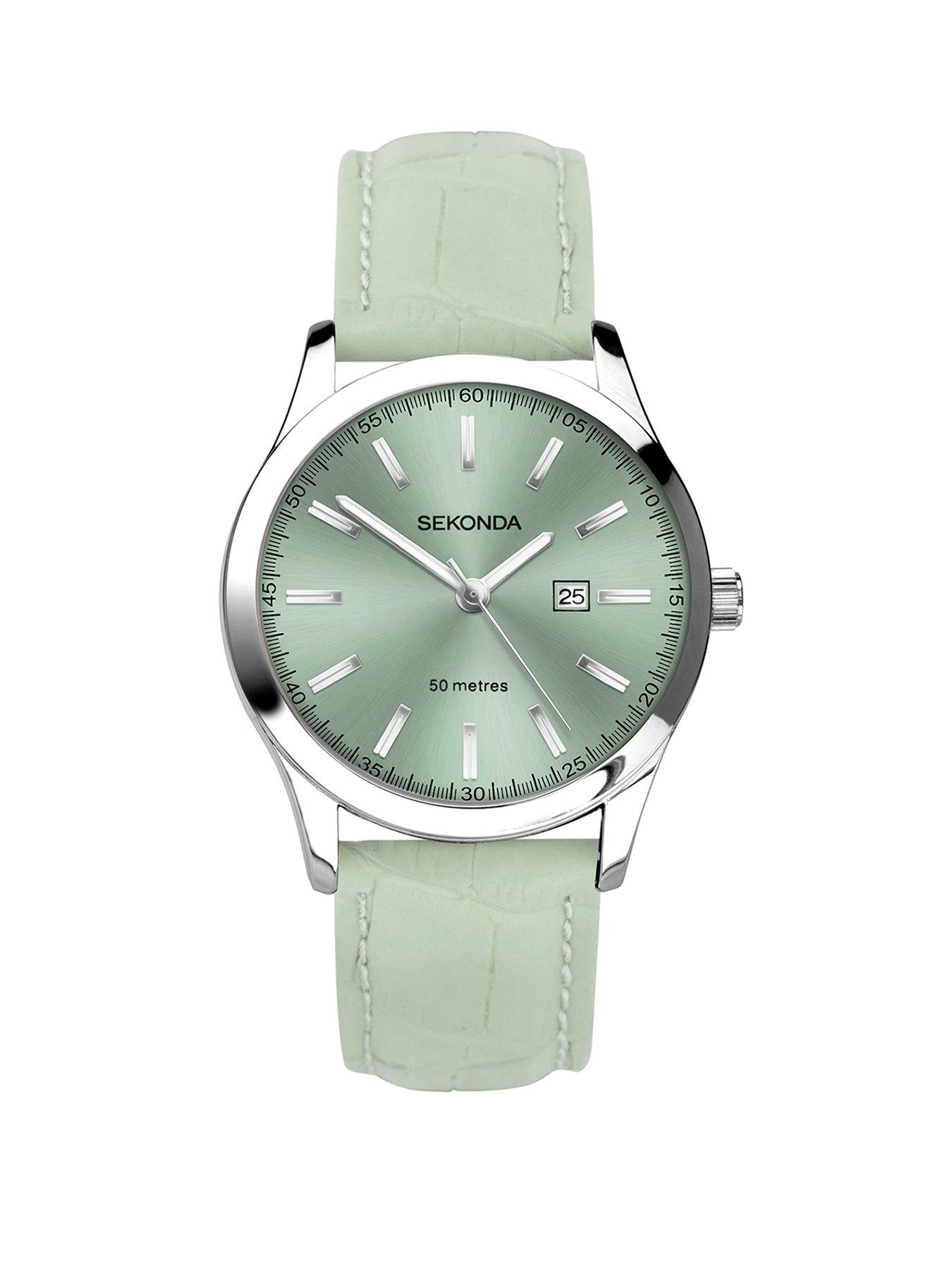 Product photograph of Sekonda Womens Light Green Leather Strap Analogue Watch from very.co.uk