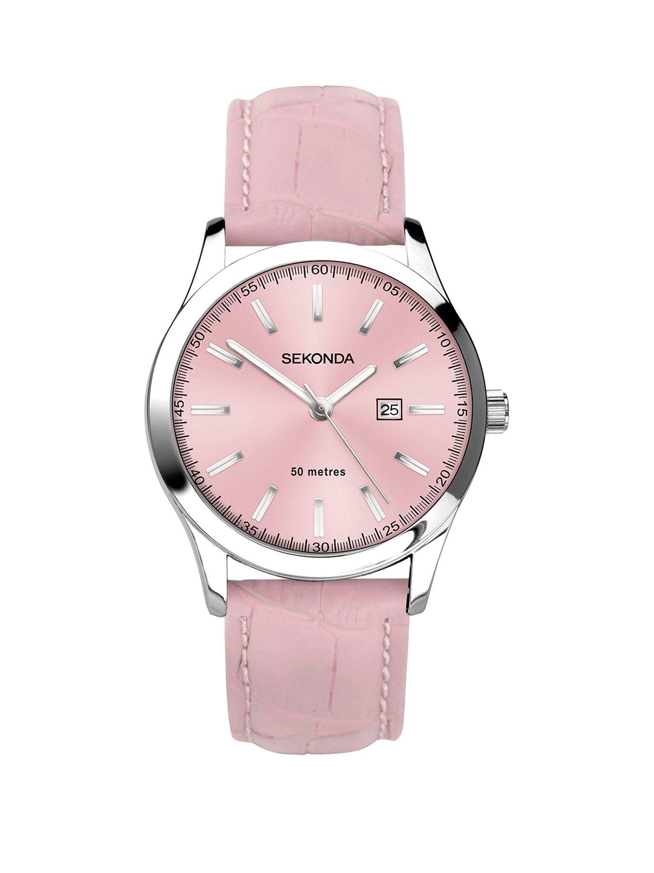 Silver watch with pink on sale face