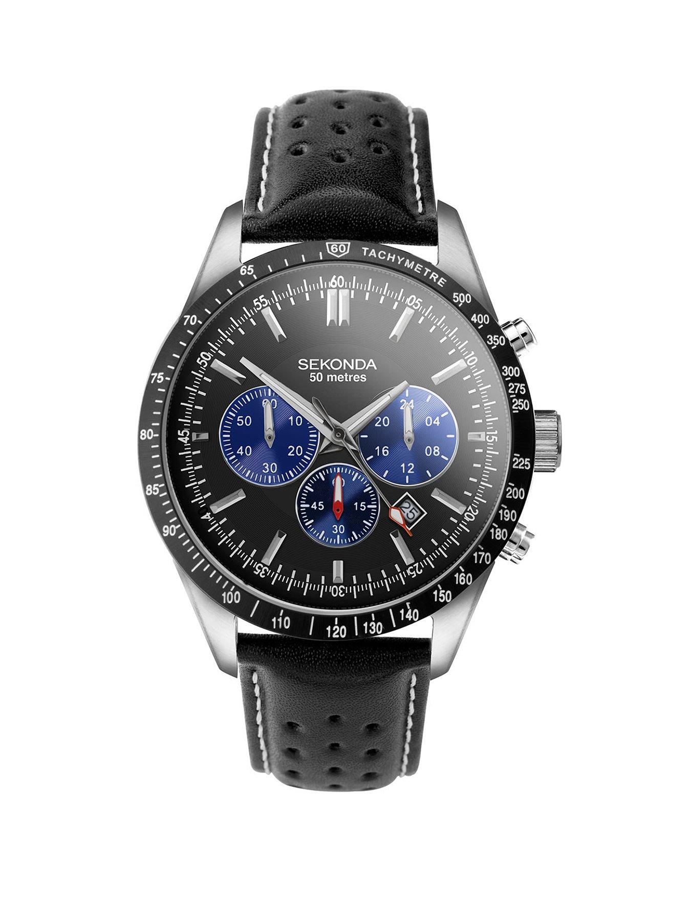 Product photograph of Sekonda Mens Black Leather Strap Chronograph Watch from very.co.uk
